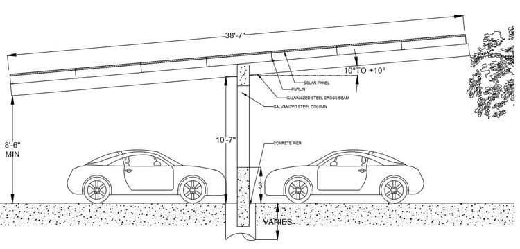 Engineering section drawing of a semi-cantilever carport with a parked car for scale