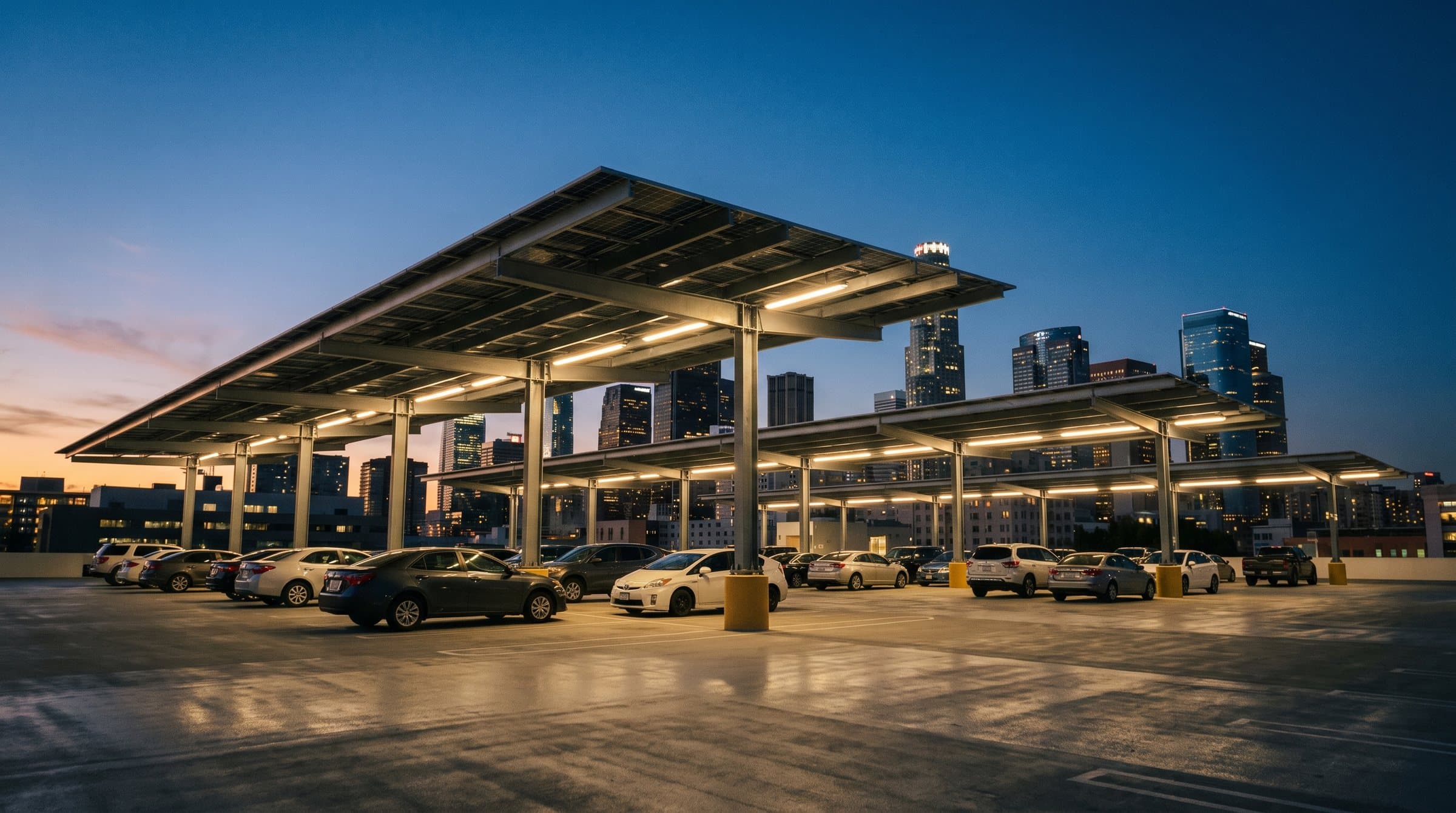 Rendering: solar carports on the top deck of a downtown Los Angeles parking structure at dusk with the skyline behind