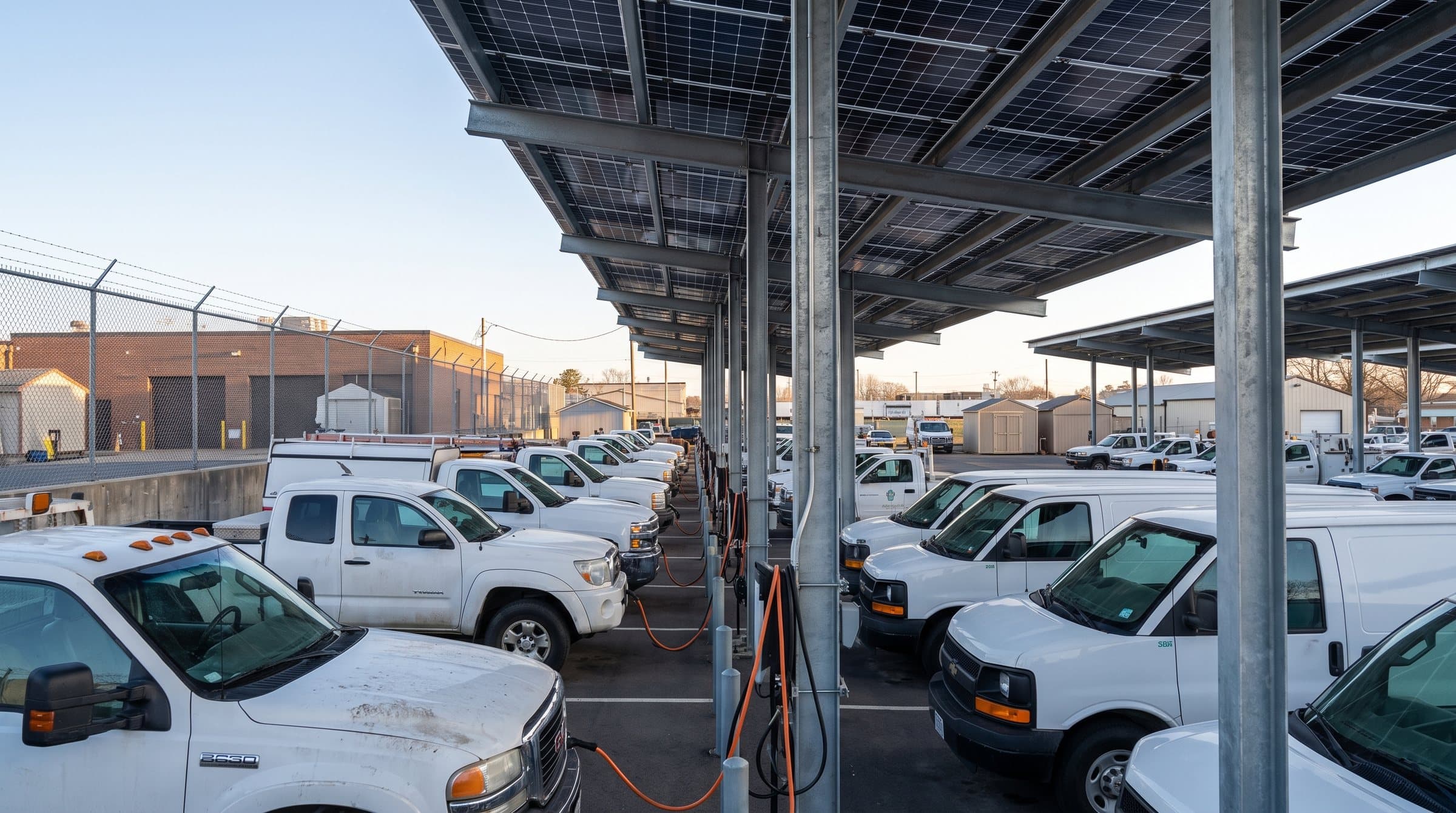 Rendering: utility trucks and vans charging under rows of solar carports in a fleet yard
