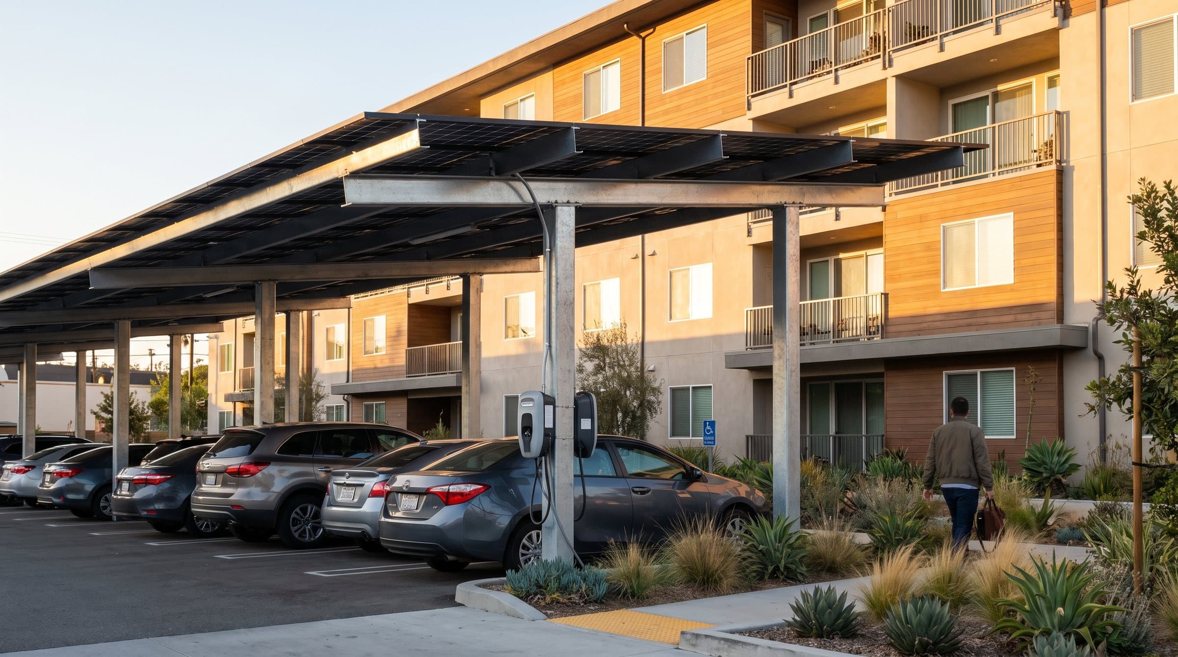 Rendering: single-row solar carport with two EV charging pedestals at an apartment building