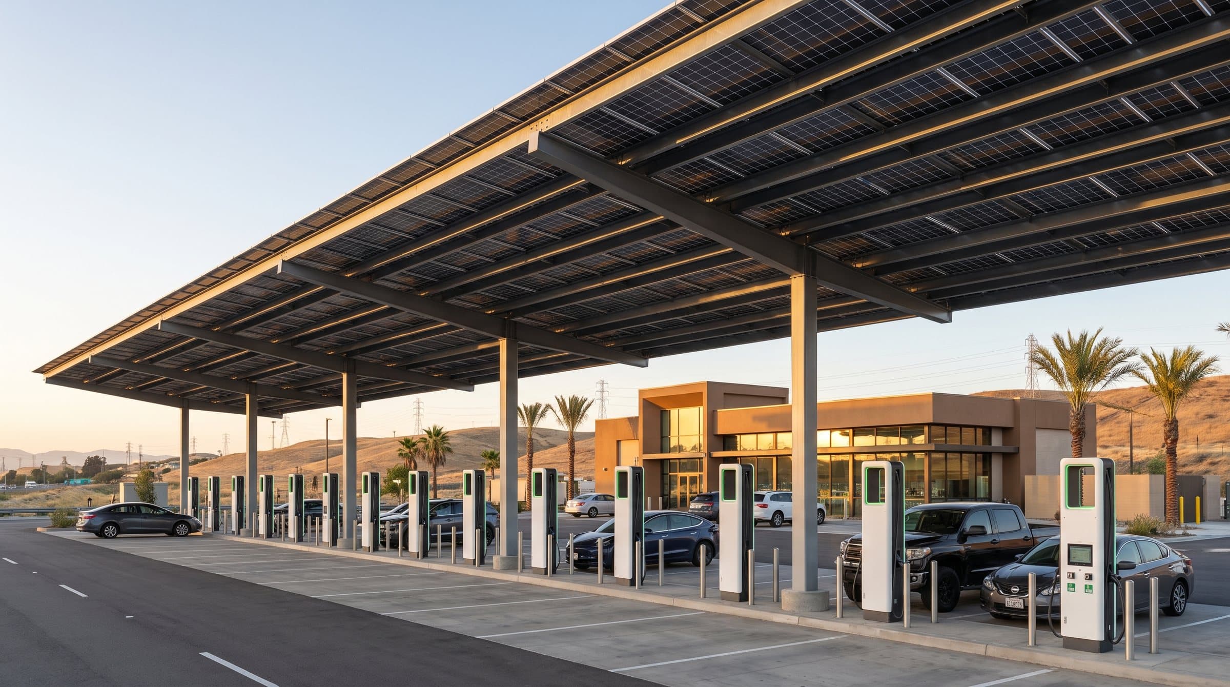 Rendering: a row of fast-charging stalls under a wide solar canopy at a highway travel center