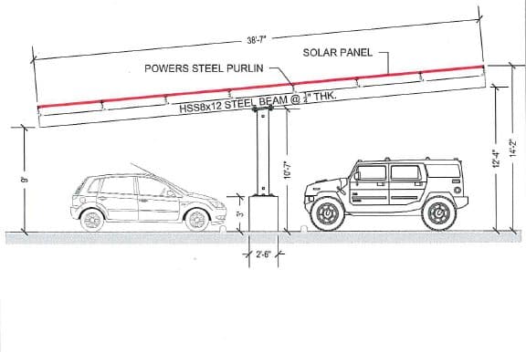 Dimensioned diagram of a semi-cantilever carport showing clearance and span
