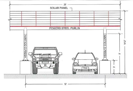 Dimensioned diagram of a T-cantilever carport over two rows of parking