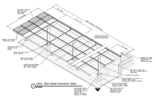 Isometric drawing of a semi-cantilever carport system