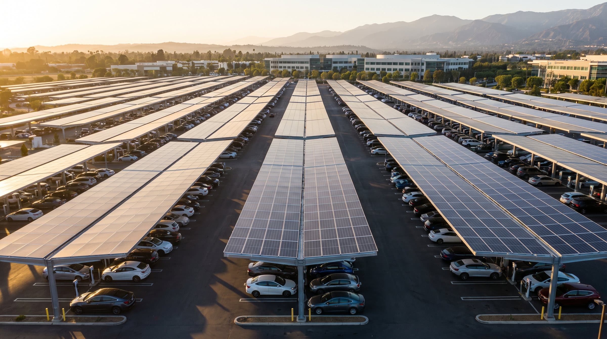 Rendering: aerial view at golden hour of double-row solar carports covering a large Los Angeles parking lot, mountains behind