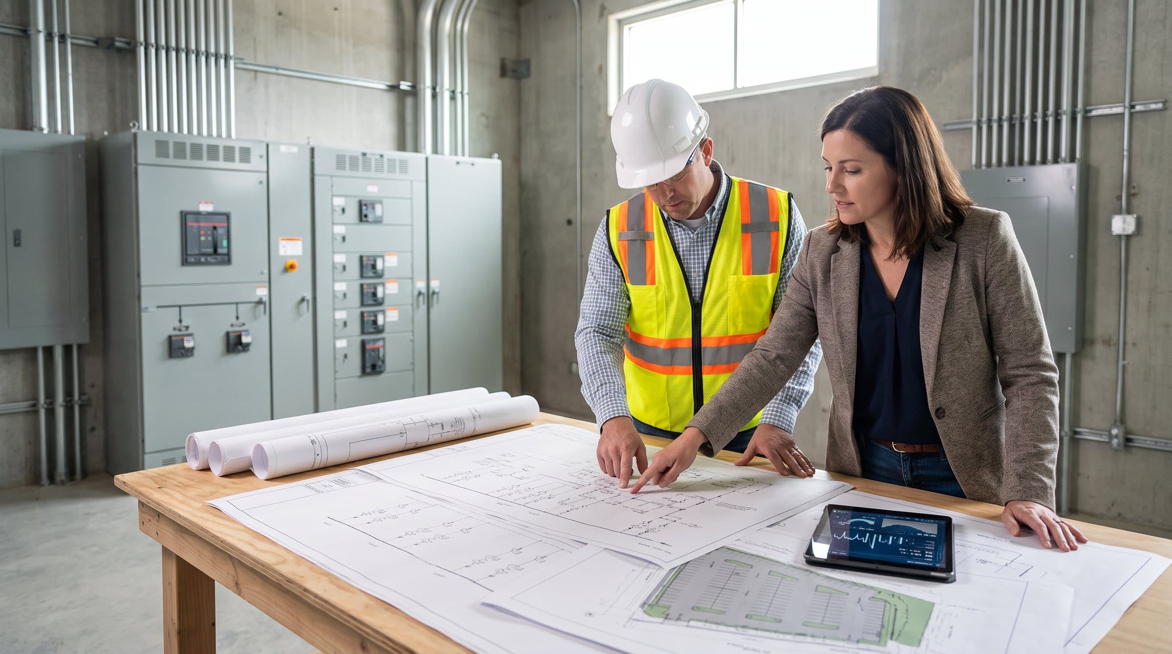 Rendering: an engineer and a project manager reviewing an electrical single-line diagram and site plan near new switchgear