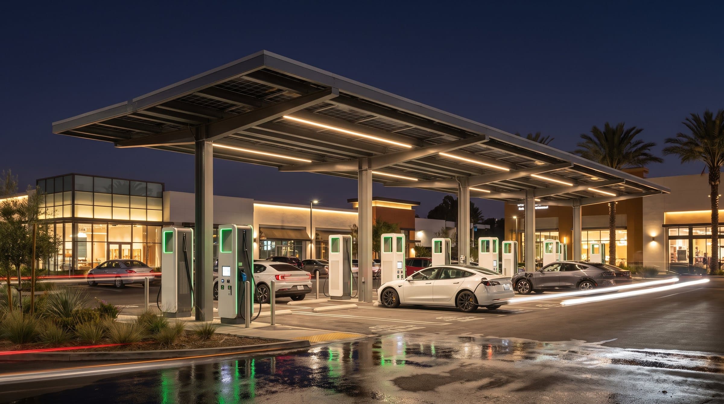 Rendering: DC fast charging stalls under a lit solar canopy at a retail center at night