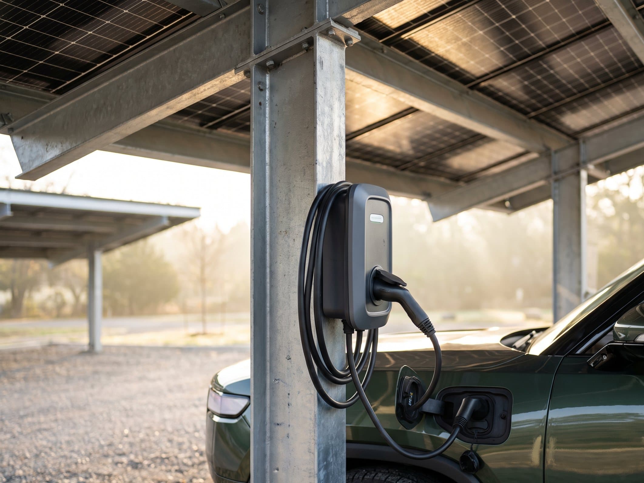Rendering: a Level 2 EV charger mounted on a galvanized canopy column with its cable plugged into an electric SUV