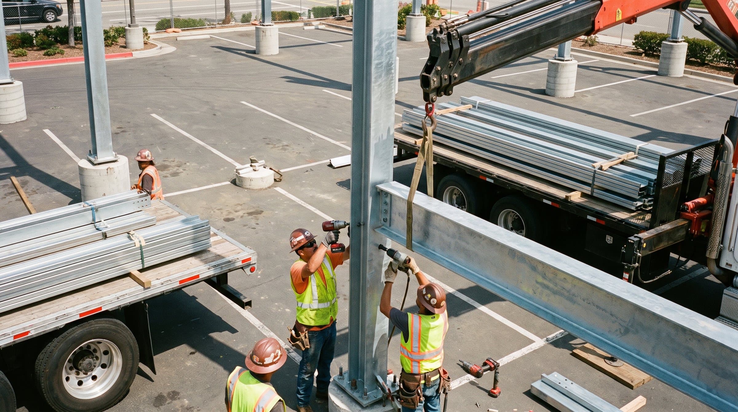 Rendering: ironworkers bolting a galvanized canopy beam to a column while a crane holds it, purlins on a flatbed